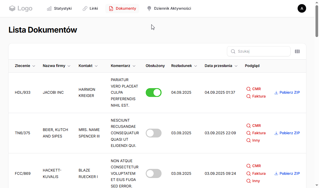 Aplikacja spedycyjna - panel dla spedytora